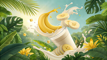 Banner illustration of banana smoothie, floating banana slices, yellow splash