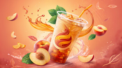 Commercial banner featuring peach tea, luxury drink promotion