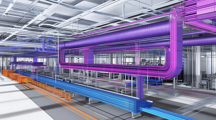 A blue and white industrial building with a lot of machinery and conveyor belts. The building is designed to look like a maze