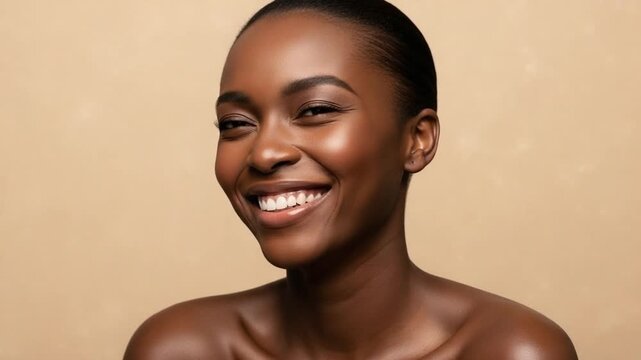 Radiant Smiling Woman with Glowing Skin Embracing Natural Beauty Against a Soft Neutral Background, Perfect for Health, Beauty, and Wellness Marketing Collateral