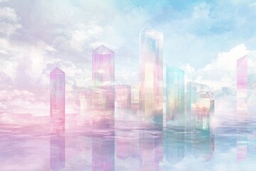 Surreal floating glass towers with iridescent reflections, futuristic cityscape with soft watercolor rendering, dreamy pastel sky. Ethereal and imaginative cityscape with translucent skyscrapers,