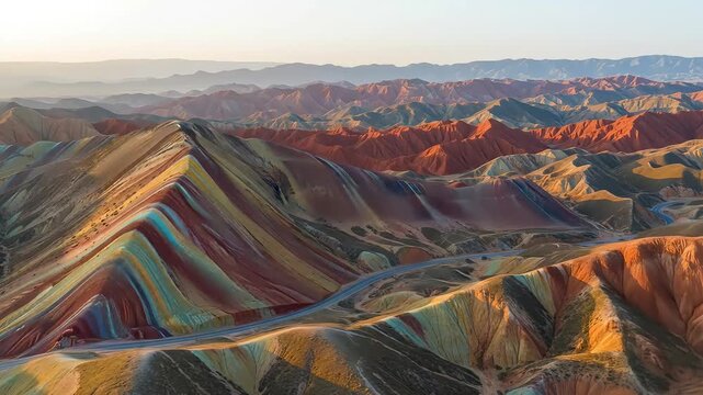 Aerial View Of Colorful Danxia Landform Mountains In Zhangye China During Golden Hour