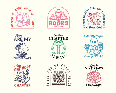 Book lover quote and mascot cartoon character vector design bundle. Can be used as t shirt, poster, sticker, or print design