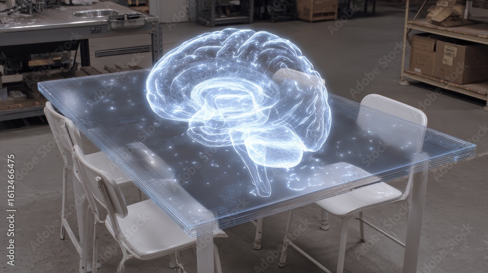 Poster holographic brain projection displayed on clear table in a clean workspace during a demonstration