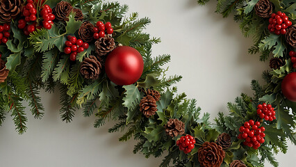 Festive christmas wreath with pinecones and red berries