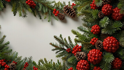 Festive christmas garland with pinecones and red berries