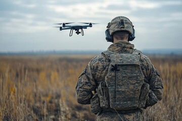 Soldier in camouflage gear operating a drone over an open field with a cloudy sky, showcasing concentration and advanced military technology