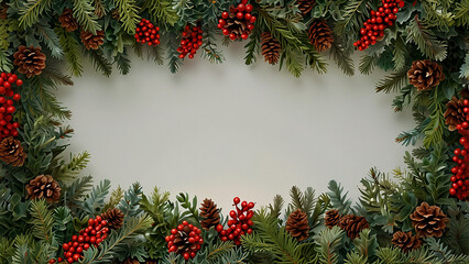 Festive christmas garland border with pinecones and berries