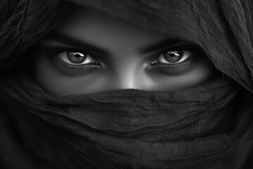 close-up black and white image of intense eyes peering from behind textured dark fabric covering head and lower face