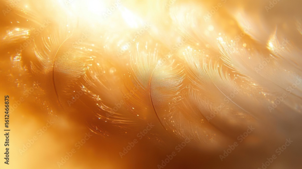 Poster close-up image of soft light brown and white feathers illuminated with warm golden light creating a 