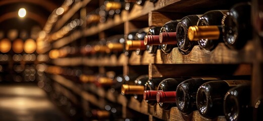 Fototapeta premium Dimly lit wine cellar with rows of wooden racks holding multiple bottles of wine with various colored foil caps creating a cozy and inviting atmosphere