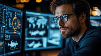 focused man wearing glasses analyzing multiple digital screens displaying global data, graphs, and technical diagrams in a dimly lit room