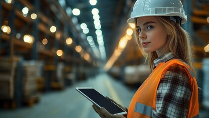 Confident young woman worker wearing safety helmet and reflective vest using digital tablet in large industrial warehouse