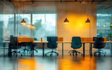 Blurry view of an empty modern office meeting room with five chairs around a table and warm hanging lights creating a calm atmosphere