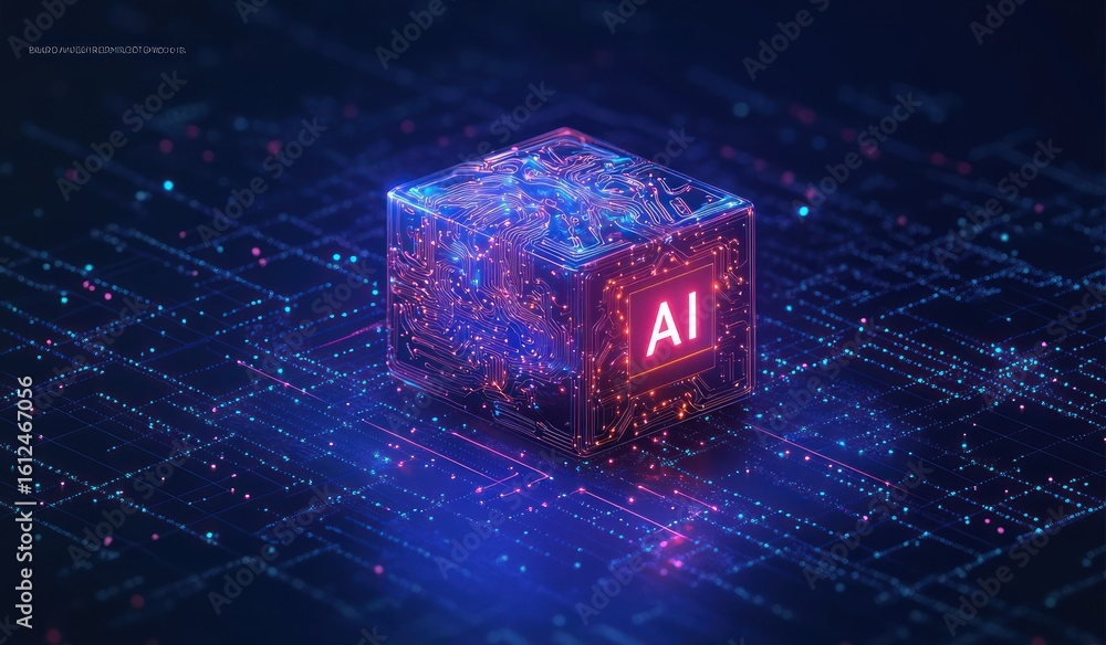 Poster glowing transparent cube with electronic circuit patterns and ai text illuminated on a futuristic di