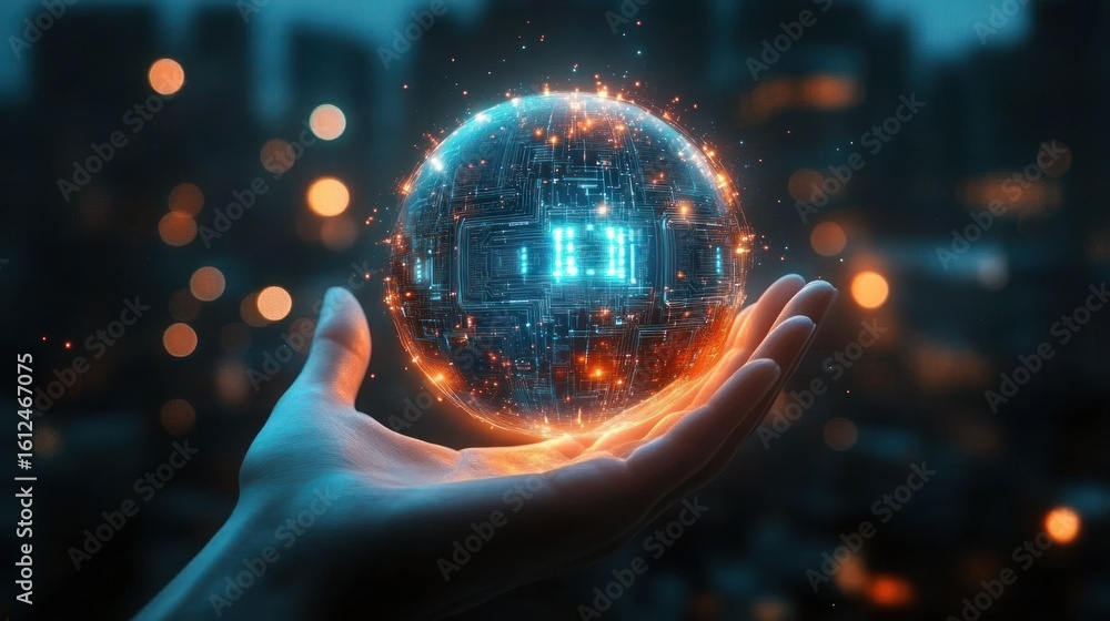 Aufkleber futuristic glowing blue and orange digital orb with circuit patterns floating above an outstretched 