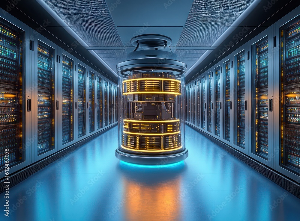Poster futuristic data center hallway with rows of server racks illuminated by blue lights and a central cy