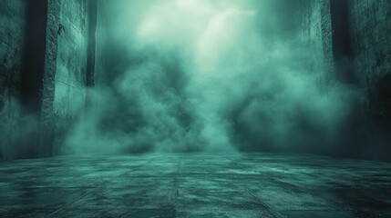 mysterious empty stone corridor shrouded in thick fog with dim diffused light creating eerie and suspenseful atmosphere