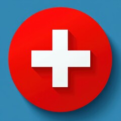 Obraz premium White medical cross symbol centered on a red circular background with long shadows, placed on a blue square surface conveying safety and health