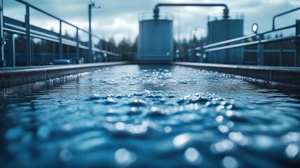 Close-up view of moving water in an industrial water treatment facility with metal railings and large storage tanks under a cloudy sky