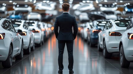 Man in a suit standing in a spacious, brightly lit modern car showroom surrounded by rows of white electric cars, reflecting a sense of ambition and contemplation