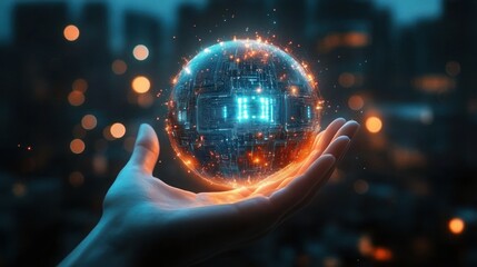 Futuristic glowing blue and orange digital orb with circuit patterns floating above an outstretched hand against a blurred dark cityscape background