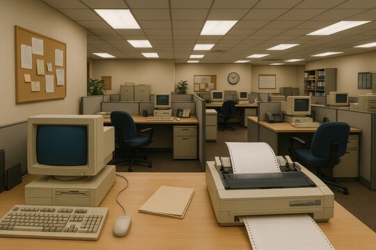 Nostalgic 1990s workplace scene with vintage computers and authentic period office equipment