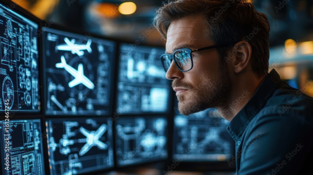 Poster focused man wearing glasses analyzing multiple computer screens displaying technical blueprints and 