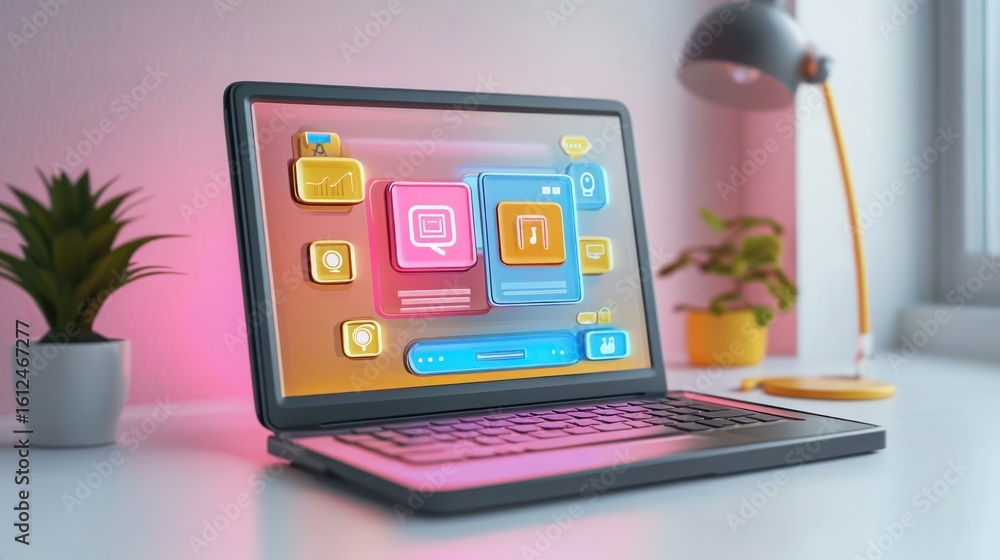 Aufkleber modern laptop on white desk displaying colorful application icons floating above screen with housepl