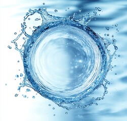 Close-up of a spherical water splash forming a transparent orb with droplets flying outward on a smooth water surface background