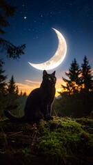 Black cat in moonlit forest