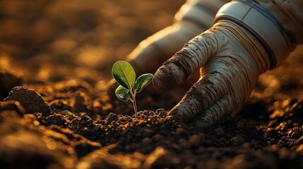 Close-up of gloved hands planting a small green seedling in rich soil during warm golden light
