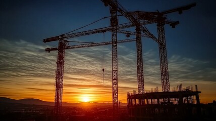 Construction Site with Tower Crane Silhouette at Sunset, Urban Development, Modern Engineering, Real Estate, Infrastructure, Industrial Project
