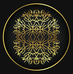 Intricate golden floral design on a black striped circular background with a golden border.