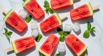 Homemade watermelon popsicles with fresh mint and ice cubes, a refreshing and delicious summer fruit dessert on a marble background.