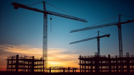 Construction Site with Tower Cranes and Building Silhouette at Sunset, Urban Development, Modern Engineering, Real Estate, Infrastructure