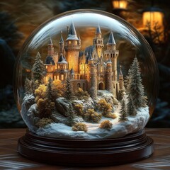 Intricate castle with multiple towers and turrets surrounded by snow-covered trees encased in a glass dome with warm ambient lighting