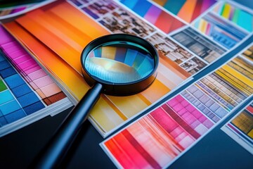 Magnifying glass placed on colorful printed materials displaying various color swatches and patterns, highlighting vibrant and diverse hues