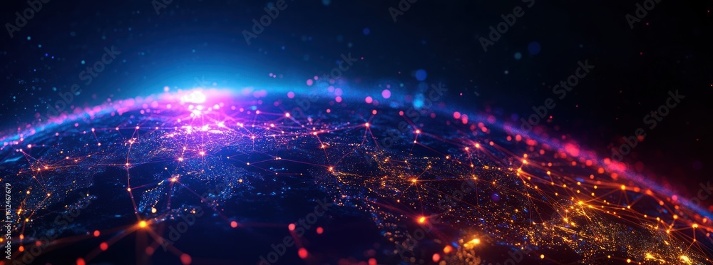 Poster glowing network connections across a digital representation of a planet, highlighting global connect
