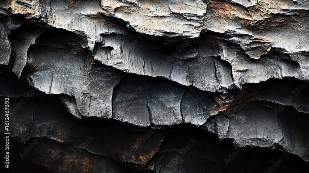 Poster close-up view of rugged textured rock formations with dark shadows and layered surfaces in natural e