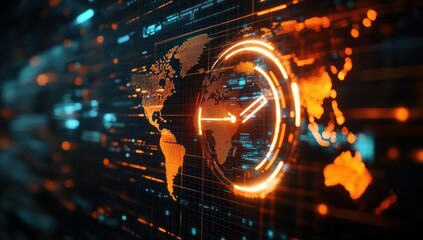Digital futuristic interface showing a glowing orange world map with a circular clock element indicating time and global connectivity in a dark high-tech environment