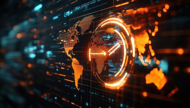 Digital futuristic interface showing a glowing orange world map with a circular clock element indicating time and global connectivity in a dark high-tech environment