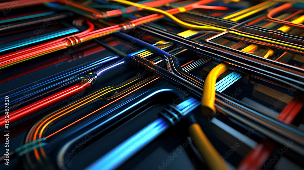 Poster a colorful image of wires and cables with a mood of chaos and confusion. the wires are tangled and o