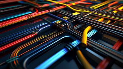 A colorful image of wires and cables with a mood of chaos and confusion. The wires are tangled and overlapping, creating a sense of disarray and disorder. The colors of the wires are bright