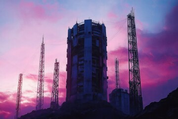 Tall cylindrical industrial building surrounded by multiple tall lattice towers under a dramatic purple and pink sky at dusk