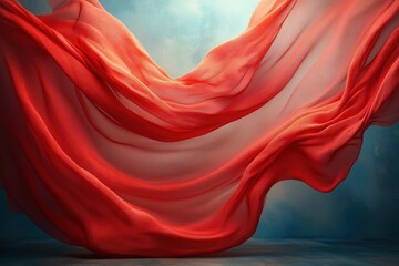 Flowing red fabric suspended in the air with soft lighting and a calm blue textured background evoking a sense of elegance and movement