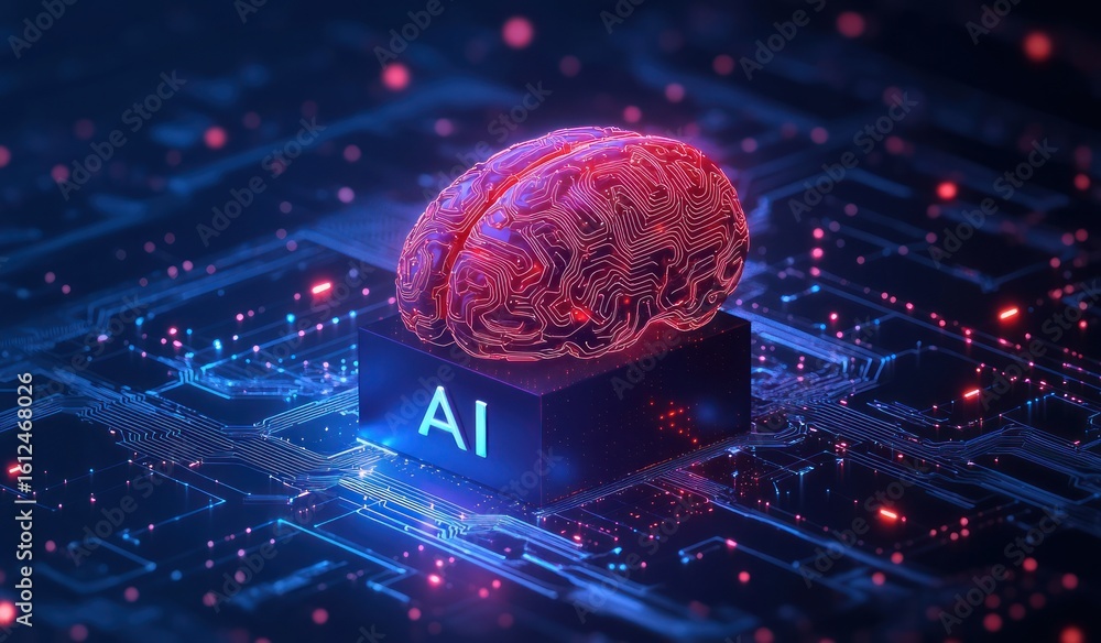 Poster glowing red digital brain with circuit patterns sitting on a black cube labeled ai surrounded by blu
