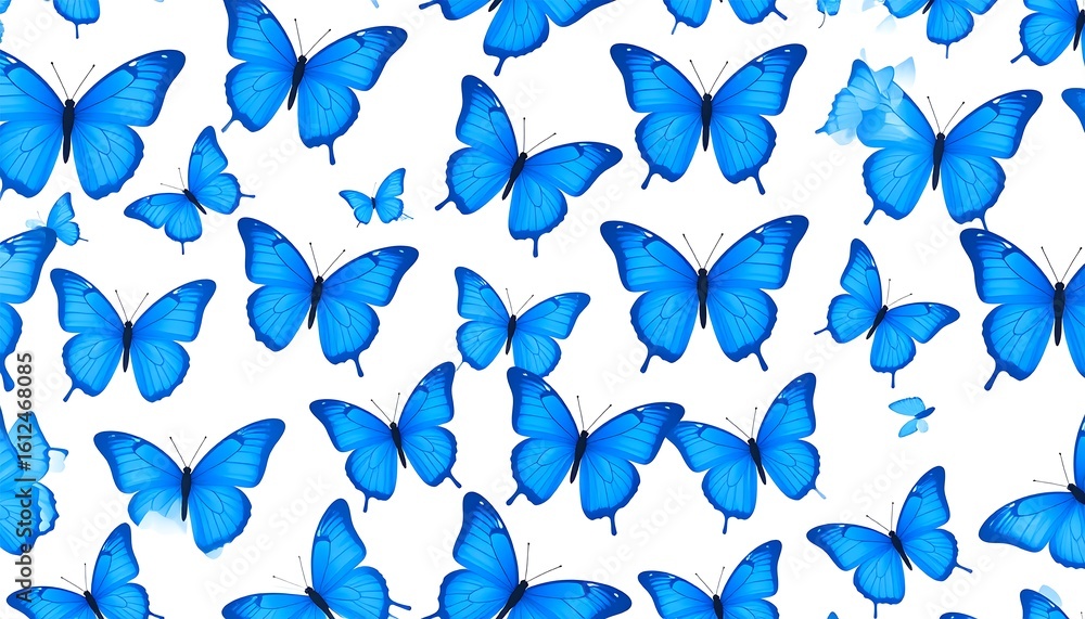 Poster aesthetic blue butterfly swarm creating an insect spring pattern on a white background