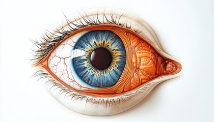Close-up anatomical illustration of a human eye showing detailed blue iris, blood vessels, muscles, and surrounding skin textures conveying complexity and fascination