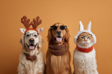 create engaging and festive image of various pets wearing colorful and quirky new year  costumes against solid